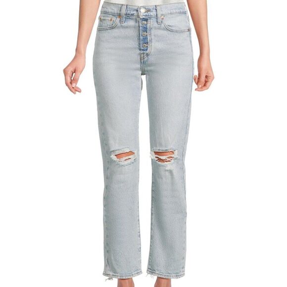 Levi's Premium Wedgie Straight Jeans Size 26x26 Distressed Destroyed Ripped Blue - Picture 1 of 10